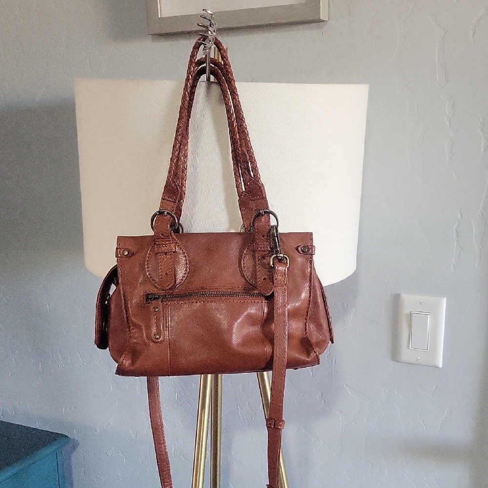 Brown Genuine Leather Purse With Braided  And Crossbody Straps